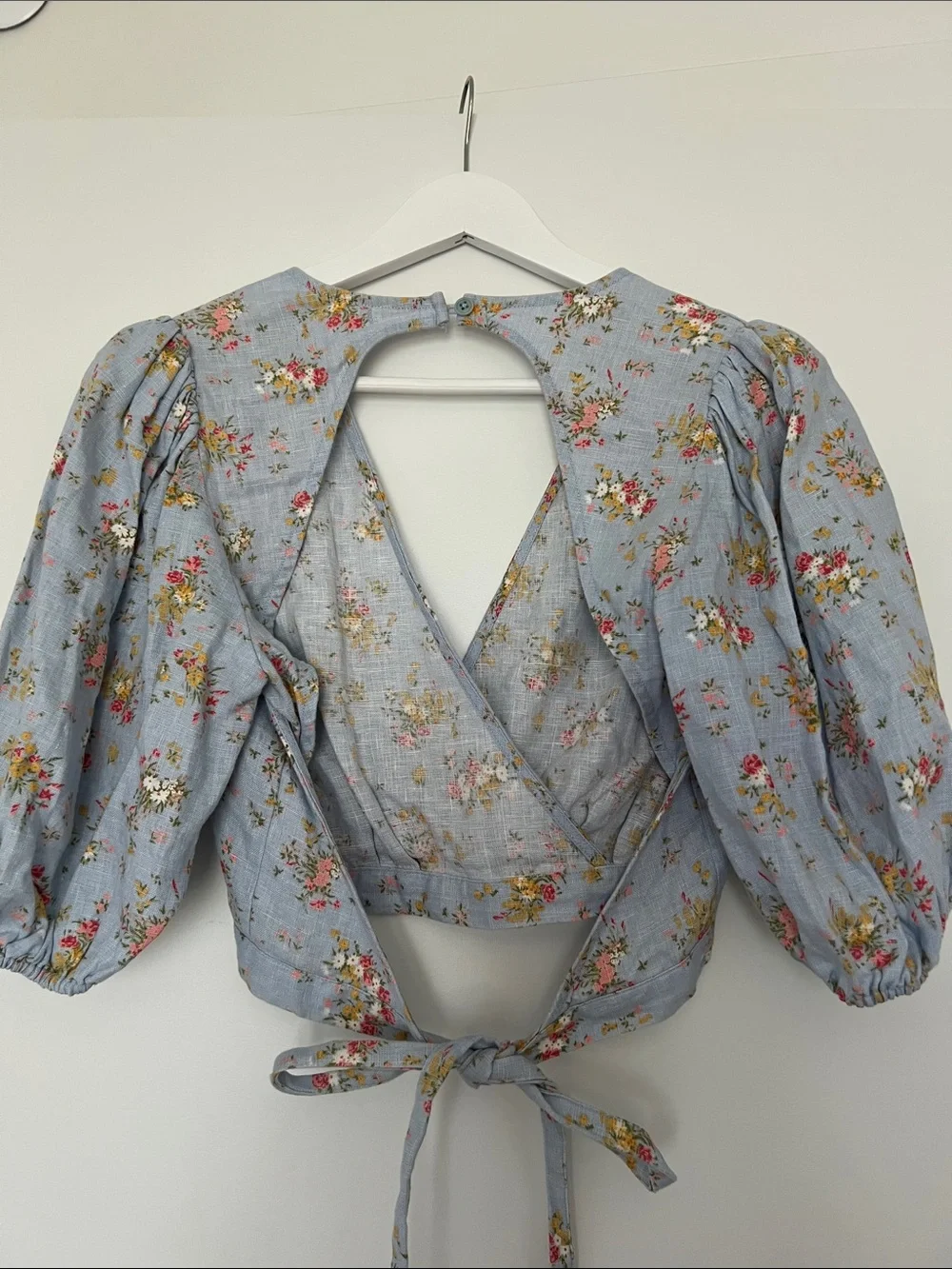 Reformation Powder Blue Floral Wrap Crop Blouse